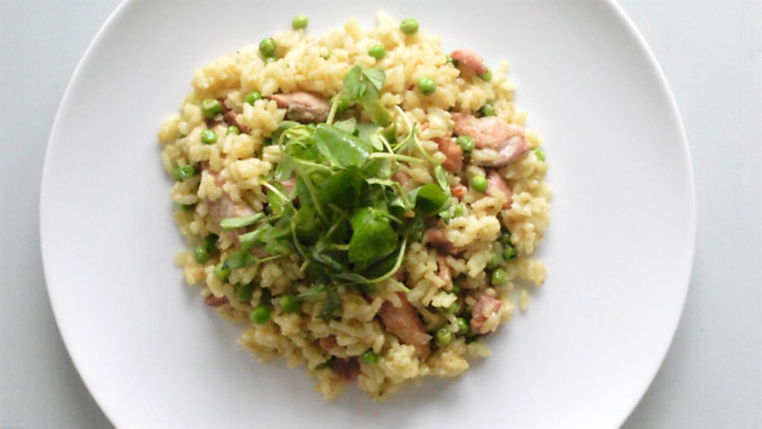 OVEN-BAKED PHEASANT, PEA AND PANCETTA RISOTTO