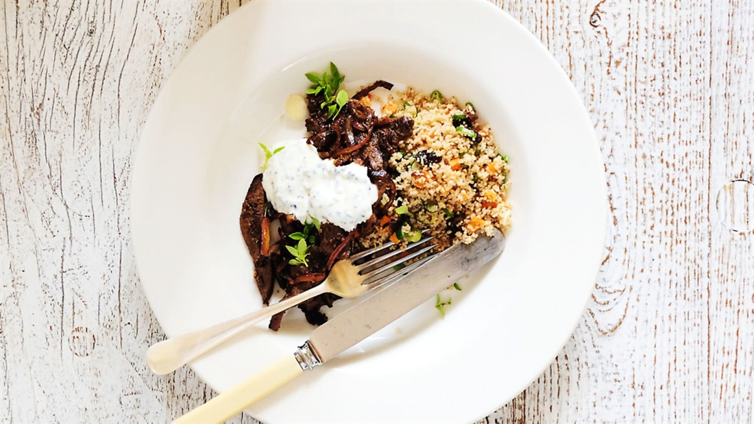 Moroccan-spiced venison liver with garlic yoghurt and couscous