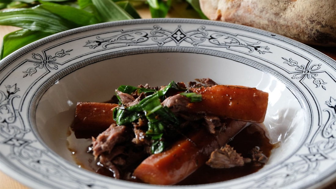 Venison neck, cider and carrots with wild garlic