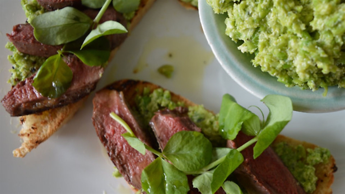 A toast to the season: Pigeon crostini with a pea and broad bean purée