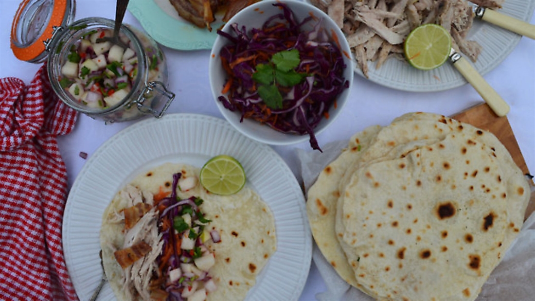 Roast pheasant tacos with spicy pear salsa and naked slaw