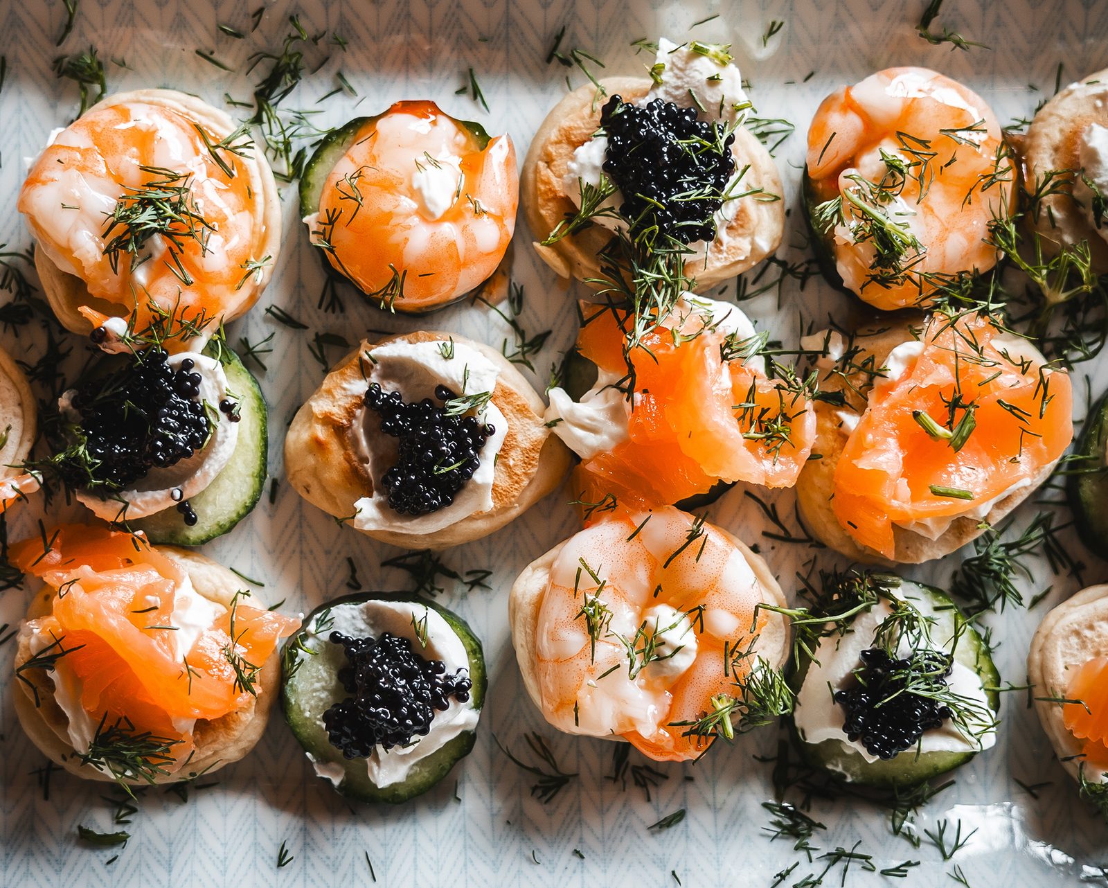 Smoked salmon and prawn blinis served as shoot day hospitality at Great Tew Estate
