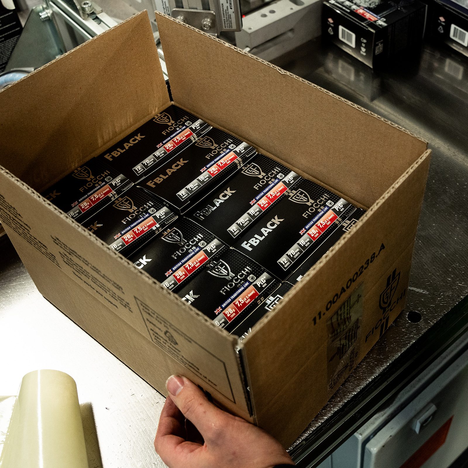 A packed case of Fiocchi FBLACK 12-bore game cartridges from the British Traditional Line